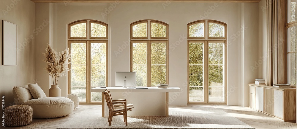 Fototapeta premium Minimalist home office with large windows, beige furniture, and pampas grass.