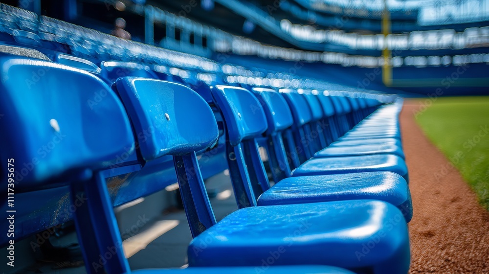 Fototapeta premium Rows of seats in an outdoor stadium with blue seats. Generative Ai