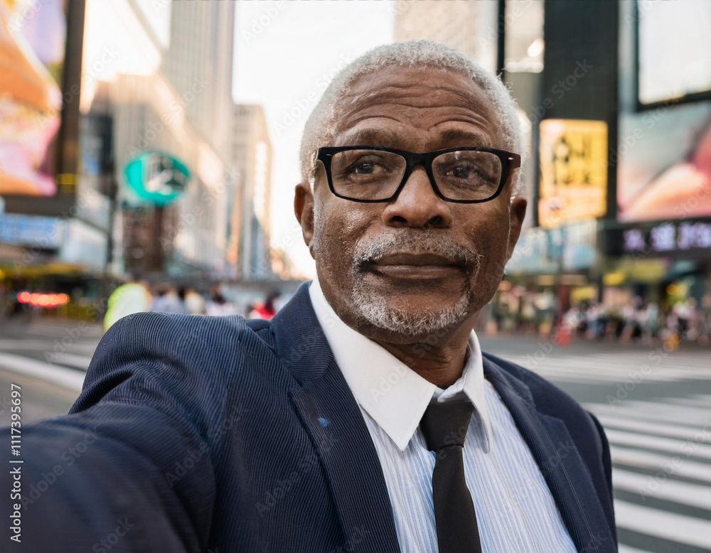 Older Man in Shibuya Crossing with Modern Business Attire Taking Selfie Older Man in Shibuya Crossing with Modern Business Attire Taking Selfie