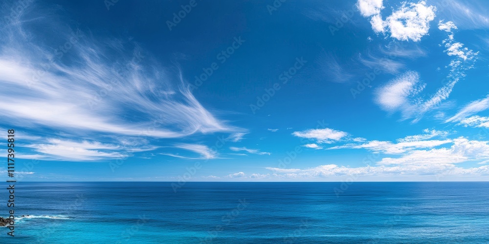 Obraz premium Stunning blue ocean landscape paired with a vibrant blue sky creates a serene and picturesque scene. The blue ocean landscape reflects tranquility and beauty under the expansive blue sky.