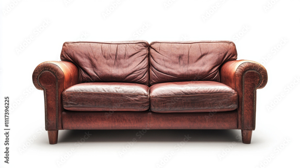 A classic brown leather sofa with aged texture on a white background, showcasing a vintage and rustic appeal with comfortable cushioning. A classic brown leather sofa with aged texture on a white background, showcasing a vintage and rustic appeal with comfortable cushioning.