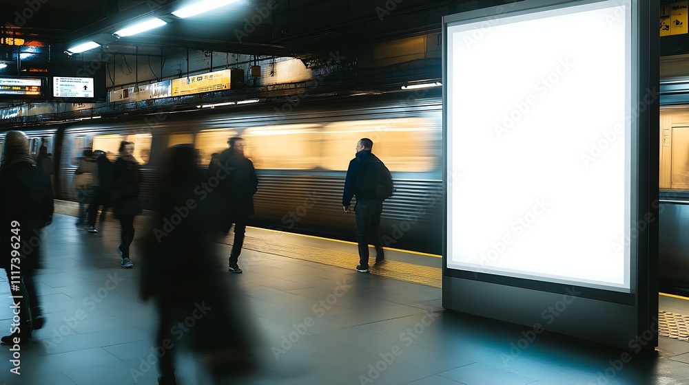 Busy subway station in urban area with blank sign board for advertising : Generative AI