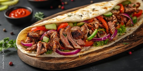 Delicious doner kebab featuring fresh vegetables and tender meat, seasoned with large spices, perfect for a restaurant setting showcasing flavorful doner kebab dishes.