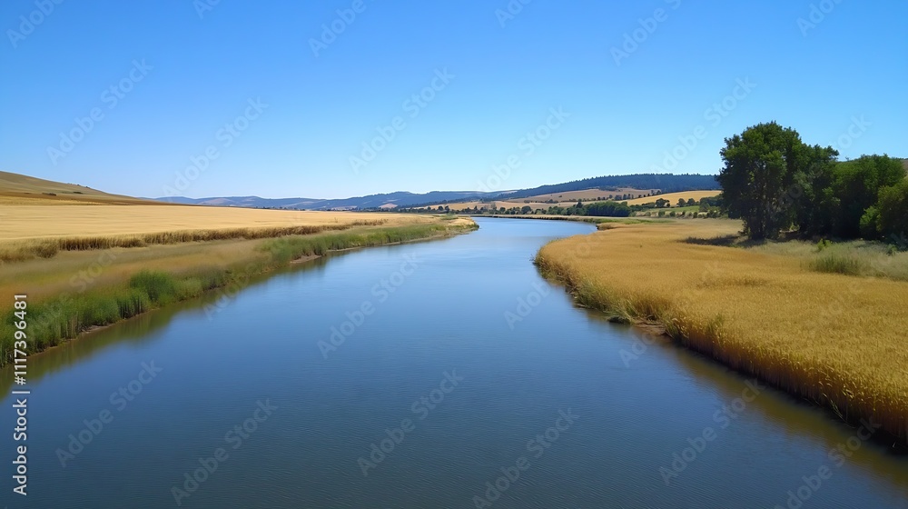 Lush River Valley in Rolling Fields with Clear Blue Skies and Nature : Generative AI Lush River Valley in Rolling Fields with Clear Blue Skies and Nature : Generative AI