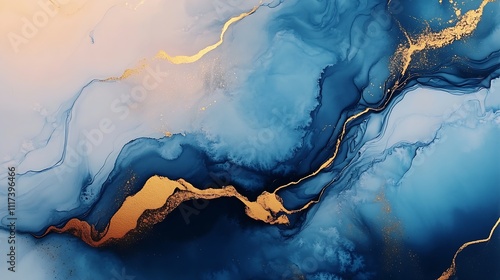 Elegant blue and gold abstract paint swirls creating a stunning oceanic art design : Generative AI photo