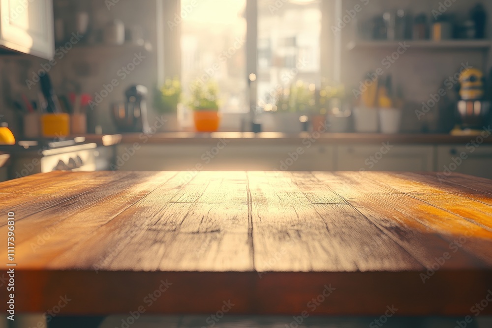 A sunlit kitchen table with a warm wooden surface, surrounded by plants and kitchen items. A sunlit kitchen table with a warm wooden surface, surrounded by plants and kitchen items.