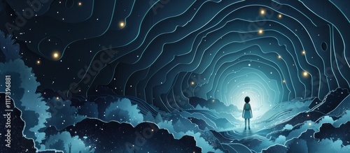 A lone figure standing silhouetted against the immensity of the starry night sky lost in contemplation of the boundless cosmos  The image evokes a sense of wonder solitude