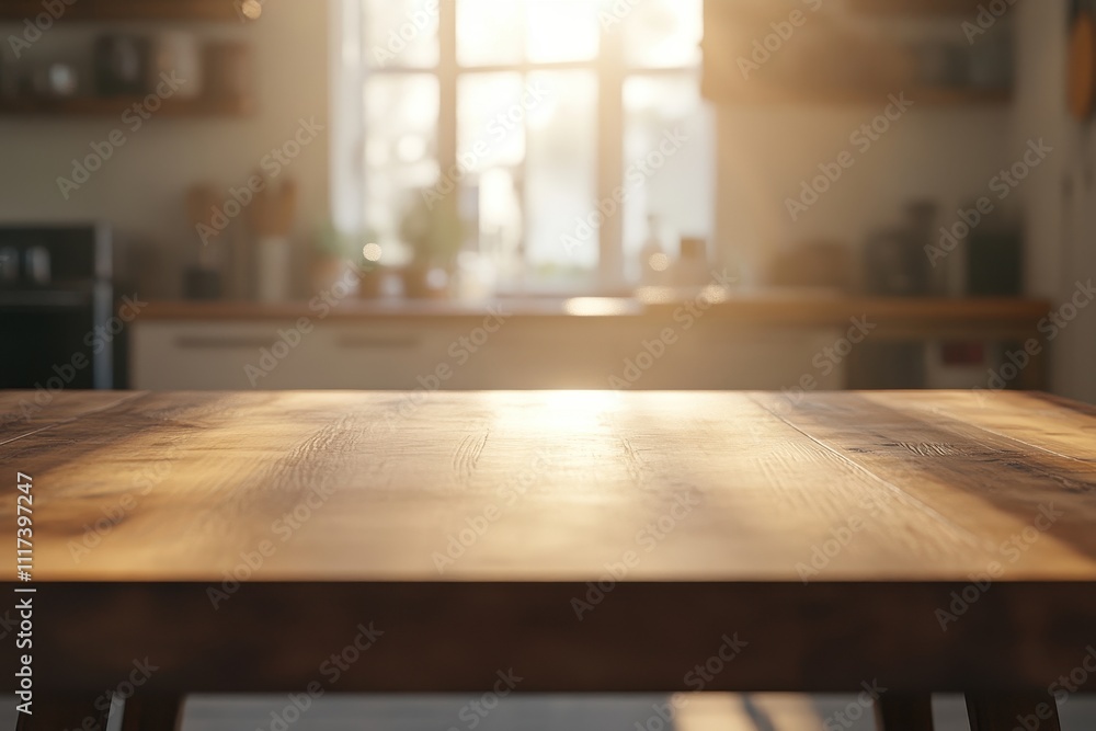 A sunlit kitchen table with a warm wooden surface and a blurred background. A sunlit kitchen table with a warm wooden surface and a blurred background.