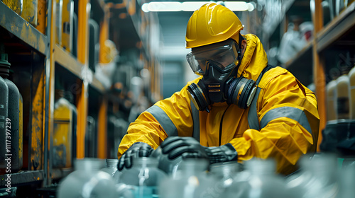 Worker in Protective Gear Organizing Hazardous Material Containers