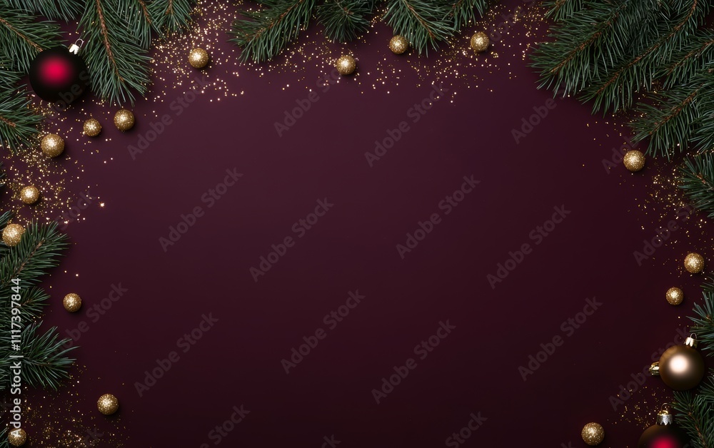 A festive Christmas background featuring lush fir branches adorned with shiny gold balls, creating a warm and inviting holiday atmosphere. A festive Christmas background featuring lush fir branches adorned with shiny gold balls, creating a warm and inviting holiday atmosphere.