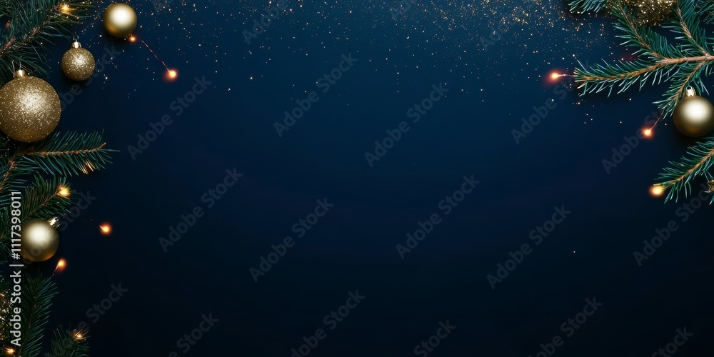 A festive Christmas background featuring fir branches adorned with golden balls against a rich dark blue backdrop, perfect for holiday-themed designs. A festive Christmas background featuring fir branches adorned with golden balls against a rich dark blue backdrop, perfect for holiday-themed designs.
