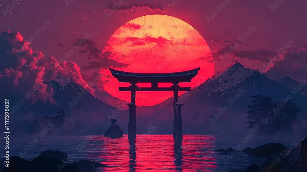 Fototapeta premium Serene Sunset Over Water with a Majestic Torii Gate Framed by Mountains and a Vibrant Red Sky, Capturing the Tranquility of Nature and Japanese Culture