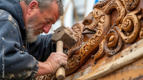 Focused and determined the carpenter skillfully uses a mallet and chisel to create intricate designs on a new wooden figurehead for the ships bow.