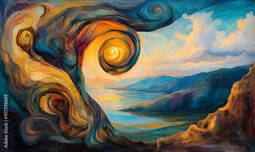 Surreal landscape painting; swirling abstract forms frame a serene vista of mountains, sea, and sunset.  Ideal for meditation, dreamscape, and inner peace concepts.