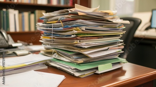 Disorganized Pile of Documents on an Office Desk Representing Cluttered Work Environment and Paperwork Accumulation in a Professional Setting photo