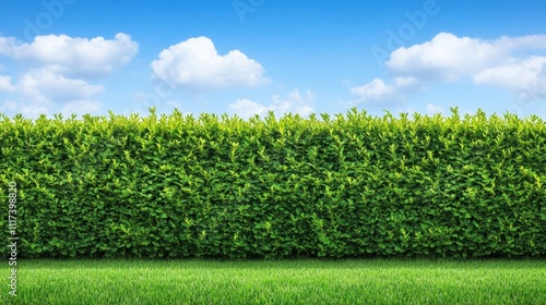 Lush green hedge separating a manicured lawn against a clear blue sky with scattered clouds.