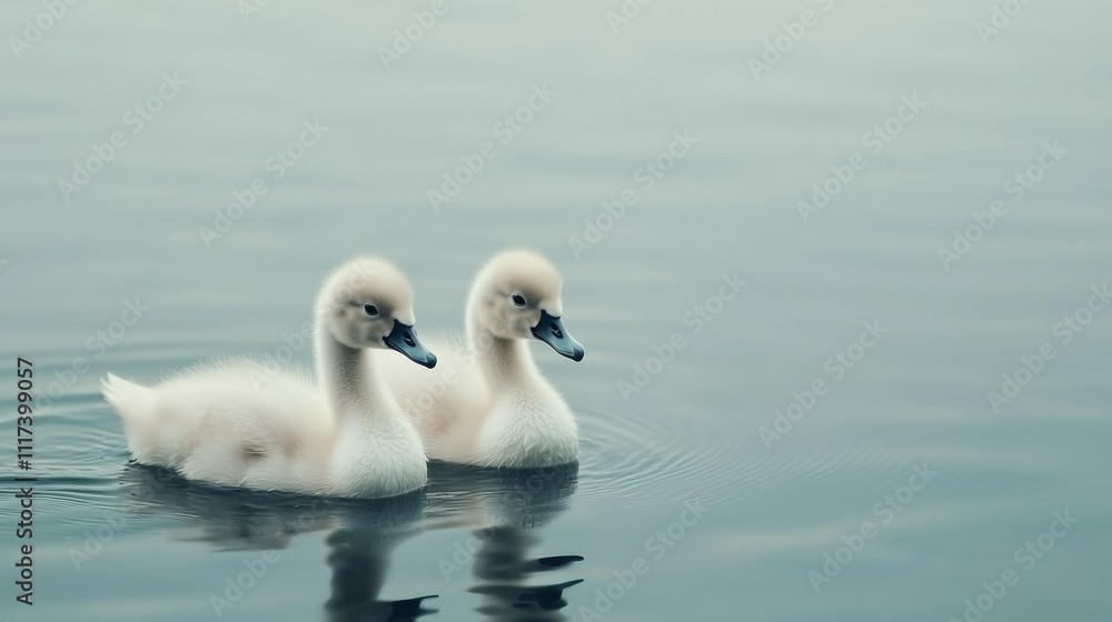 Two Adorable Baby Swans Swimming Gracefully on a Calm Lake Surface, Captured in Soft Colors with a Tranquil Natural Background and Gentle Ripples Reflecting Light Two Adorable Baby Swans Swimming Gracefully on a Calm Lake Surface, Captured in Soft Colors with a Tranquil Natural Background and Gentle Ripples Reflecting Light