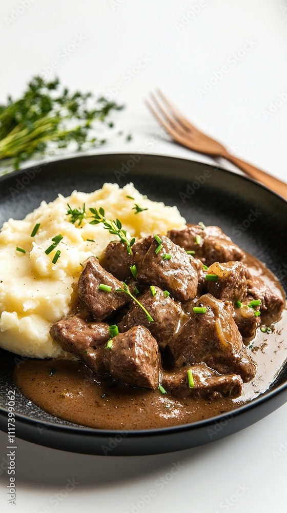 A minimalist presentation of beef stroganoff on a sleek black plate, paired with mashed potatoes and garnished with chives. A minimalist presentation of beef stroganoff on a sleek black plate, paired with mashed potatoes and garnished with chives.