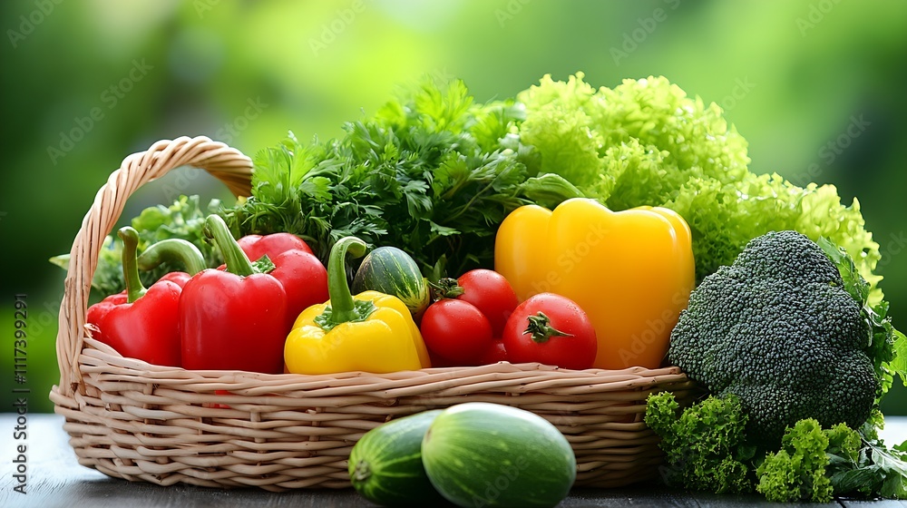 Fototapeta premium Organic Fresh Vegetables in Wicker Basket Highlighting Healthy Eating and Sustainable Agriculture : Generative AI