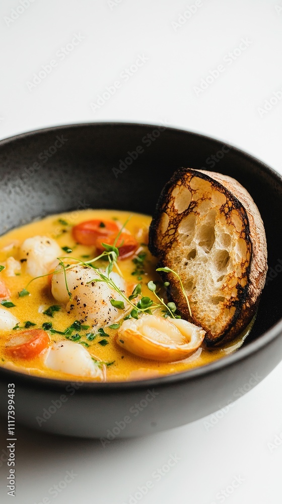 Bouillabaisse served in a sleek black bowl, paired with a rustic piece of toasted bread on the side. Bouillabaisse served in a sleek black bowl, paired with a rustic piece of toasted bread on the side.