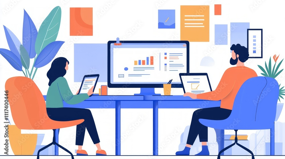 Two professionals collaborating at a desk with laptops, charts, and plants in a modern workspace. Two professionals collaborating at a desk with laptops, charts, and plants in a modern workspace.