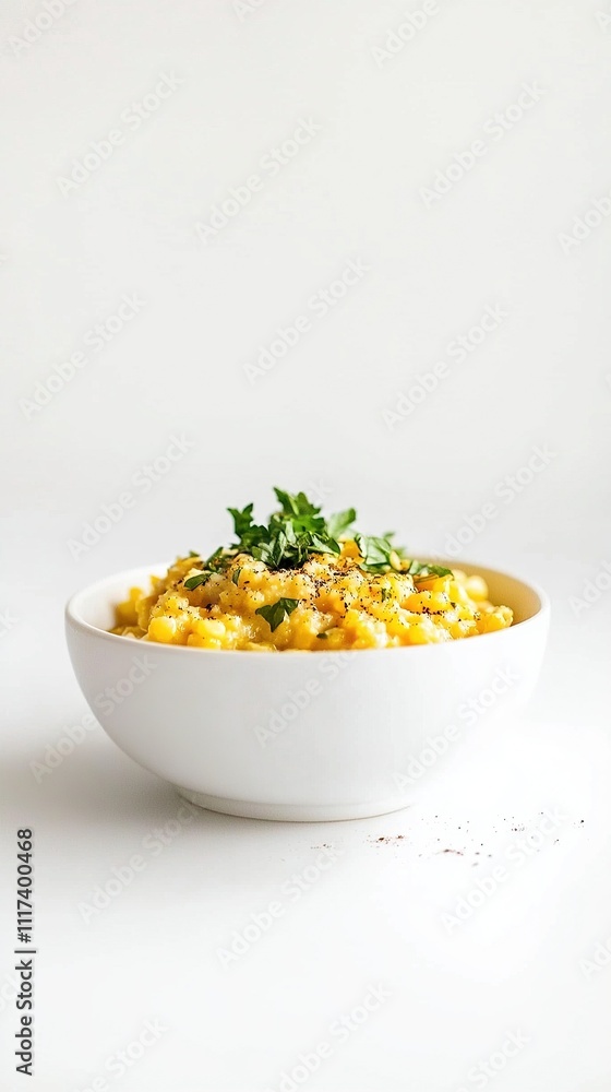 Cornmeal porridge served in a sleek white bowl, garnished with fresh herbs and a sprinkle of cracked black pepper for a savory twist. Cornmeal porridge served in a sleek white bowl, garnished with fresh herbs and a sprinkle of cracked black pepper for a savory twist.
