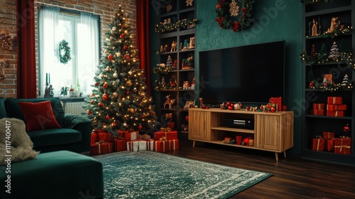 Cozy living room adorned with a festive Christmas tree, beautifully wrapped presents, and a glowing TV, creating a warm holiday atmosphere.