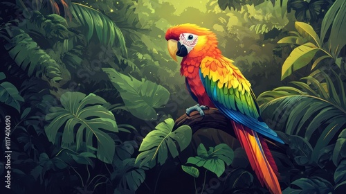 A vibrant parrot perched amidst lush tropical foliage in a jungle setting. photo