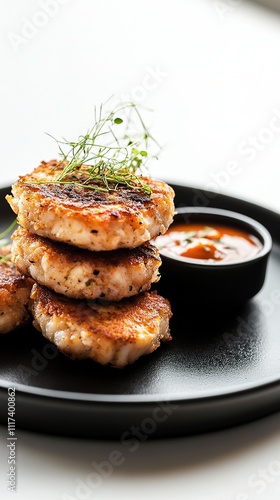 Crab cakes stacked on a sleek black plate, accompanied by a small bowl of dipping sauce and garnished with microgreens.