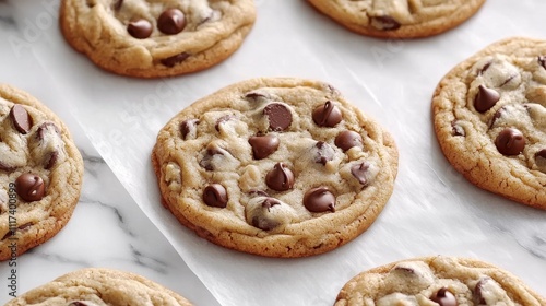 Freshly baked chocolate chip cookies arranged on parchment paper, featuring a golden-brown color and melty chocolate pieces.