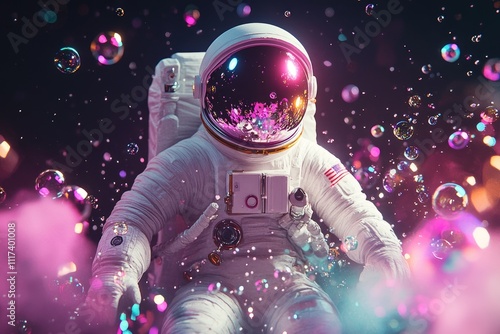 Vast Astronaut galaxy bubbles moon. Universe orbit. Generate Ai