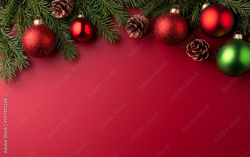 Christmas decor featuring pine cones and fir branches against a vibrant red background, creating a festive and cozy atmosphere for the holiday season. Christmas decor featuring pine cones and fir branches against a vibrant red background, creating a festive and cozy atmosphere for the holiday season.