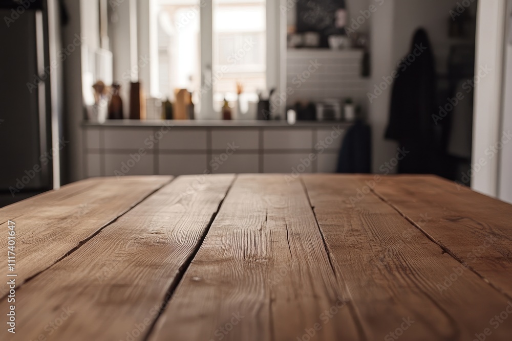A wooden table in a cozy kitchen setting, with soft lighting and a blurred background. A wooden table in a cozy kitchen setting, with soft lighting and a blurred background.