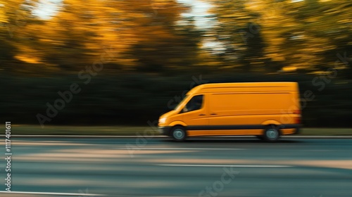 Cargo van is driving on the highway at speed with a blurred background. Freight transport, commercial transport concept with free space for text, copy space. photo