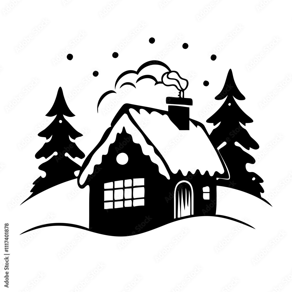Obraz premium snowy cabin silhouette, christmas vector icon - silhouette vector art of snowy cabin, symbolizing holiday celebrations. christmas silhouette.