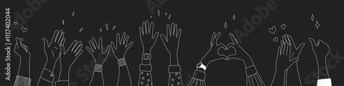 Doodle sketch hands up gestures comic icons silhouettes vector set. Group of line art fun comic hands in the air. Voting or happy congratulation audience recognition symbols.