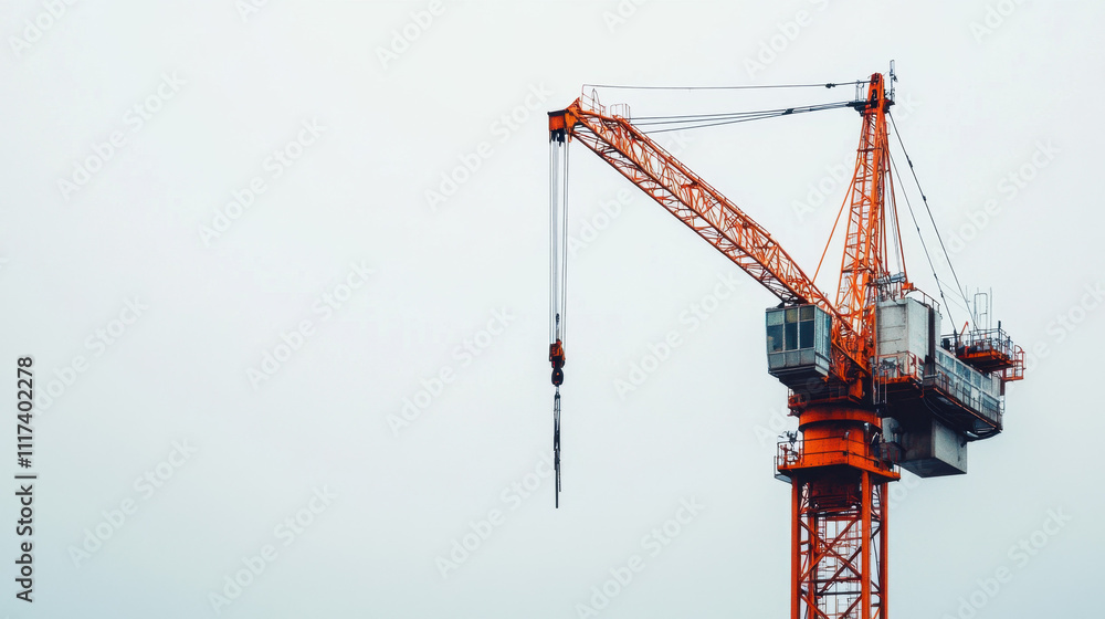 Orange construction crane against a clear sky, showcasing industrial architecture and engineering detail in a minimalist urban setting. Orange construction crane against a clear sky, showcasing industrial architecture and engineering detail in a minimalist urban setting.