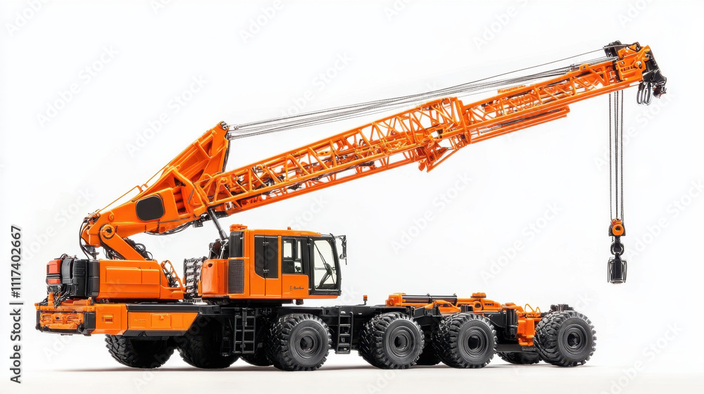 Orange mobile crane with extended boom on a white background, featuring rugged tires and a powerful build for heavy-duty construction tasks. Orange mobile crane with extended boom on a white background, featuring rugged tires and a powerful build for heavy-duty construction tasks.