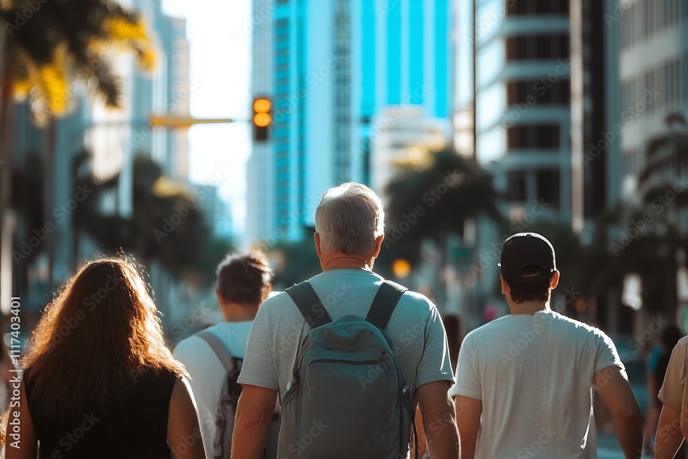 Urban Street Scene with Diverse Group of People Walking in Bustling Cityscape : Generative AI Urban Street Scene with Diverse Group of People Walking in Bustling Cityscape : Generative AI