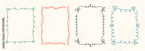 Hand Drawn frame set with doodle bows, ribbons. Whimsical line borders for birthday, christmas, wedding Invitations. Coquette bow set. Vintage minimalist elements in trendy line art style. Vector illu