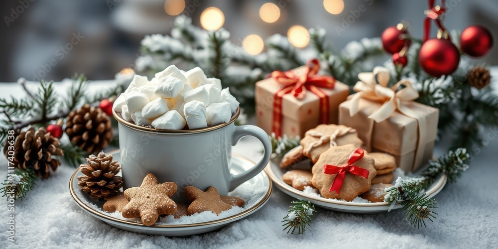 A cozy winter scene featuring a cup of hot chocolate topped with marshmallows, accompanied by festive gingerbread cookies and wrapped gifts, all resting on a snowy surface. A cozy winter scene featuring a cup of hot chocolate topped with marshmallows, accompanied by festive gingerbread cookies and wrapped gifts, all resting on a snowy surface.
