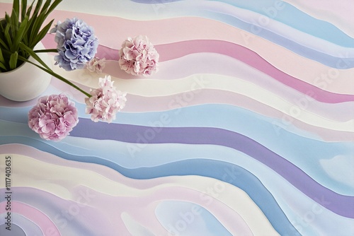 Pastel waves blend soft pink, blue, and lavender hues in a captivating pattern, showcasing fluidity and contemporary design. photo