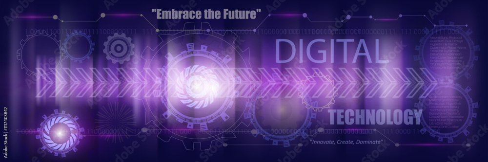 Futuristic digital technology background in dark purple tones featuring glowing gears, binary code, abstract tech elements, and text overlays, ideal for innovation, technology, and data-related themes Futuristic digital technology background in dark purple tones featuring glowing gears, binary code, abstract tech elements, and text overlays, ideal for innovation, technology, and data-related themes