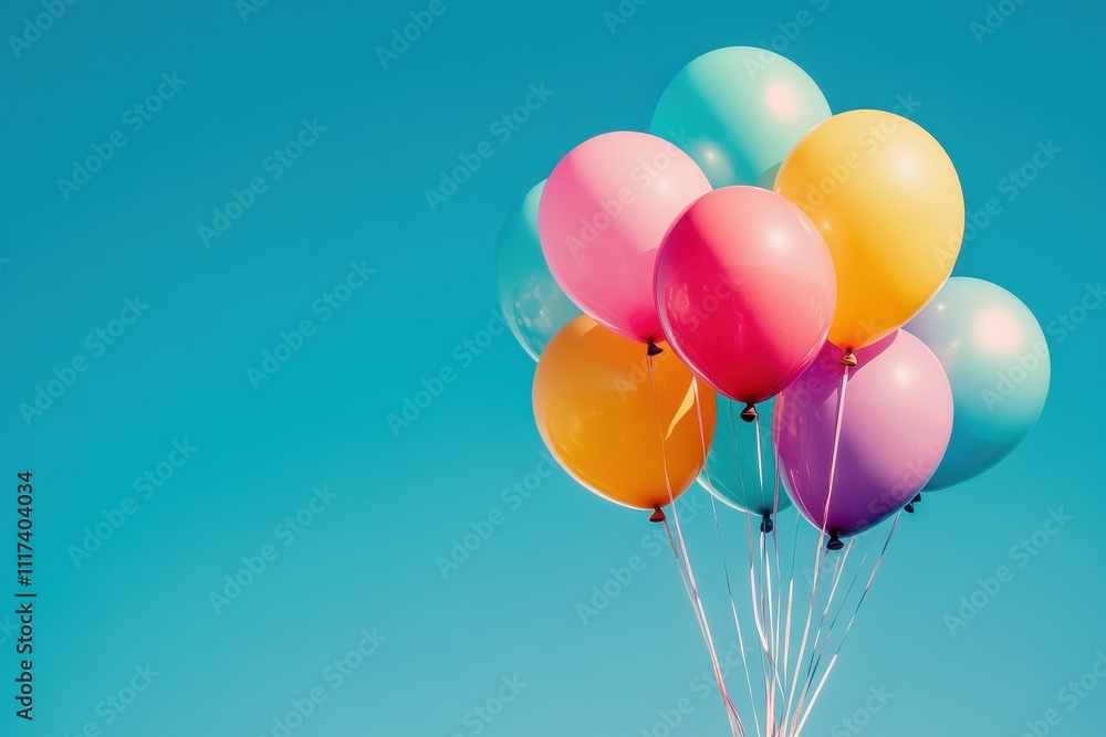 Colorful balloons float against a vibrant blue sky. Perfect for celebrations, joy, and festive themes. Colorful balloons float against a vibrant blue sky. Perfect for celebrations, joy, and festive themes.