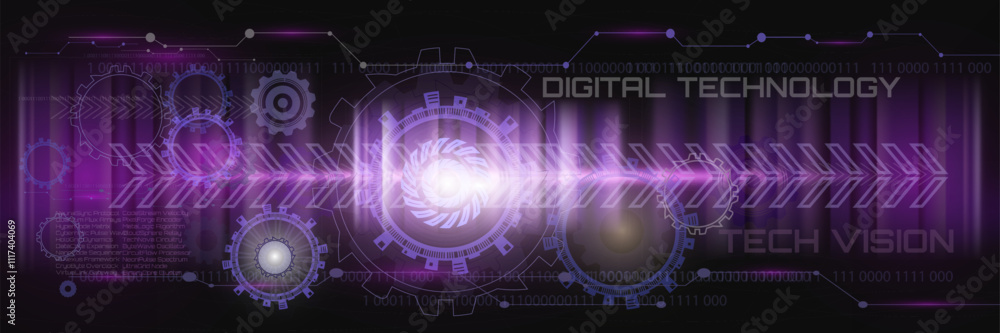 Futuristic digital technology background in dark purple tones featuring glowing gears, binary code, abstract tech elements, and text overlays, ideal for innovation, technology, and data-related themes Futuristic digital technology background in dark purple tones featuring glowing gears, binary code, abstract tech elements, and text overlays, ideal for innovation, technology, and data-related themes