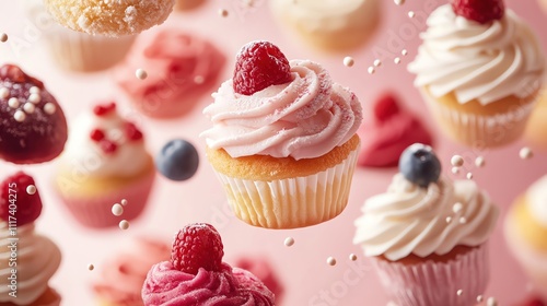 A delightful array of floating pastries against a soft pink background, bright and whimsical, midair, playful and inviting, dessertthemed photo