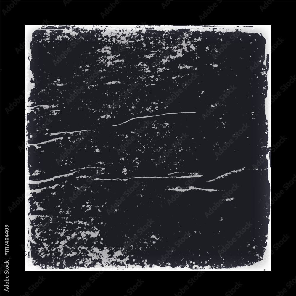 Album paper cover with worn, dirty, scratches effect. Grunge texture mockup for retro cd, vinyl. Distressed edge overlay frame, rough vintage template, vector illustration