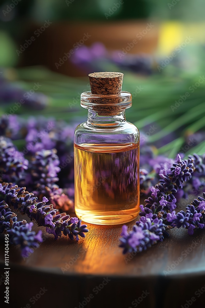 A small glass vial of lavender essential oil placed on a rustic wooden table, surrounded by freshly picked lavender sprigs A small glass vial of lavender essential oil placed on a rustic wooden table, surrounded by freshly picked lavender sprigs