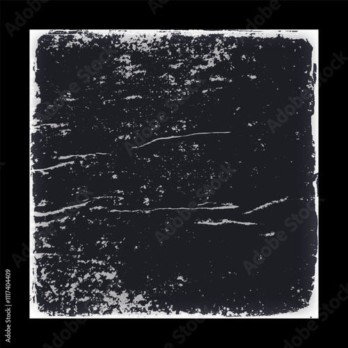 Album paper cover with worn, dirty, scratches effect. Grunge texture mockup for retro cd, vinyl. Distressed edge overlay frame, rough vintage template, vector illustration