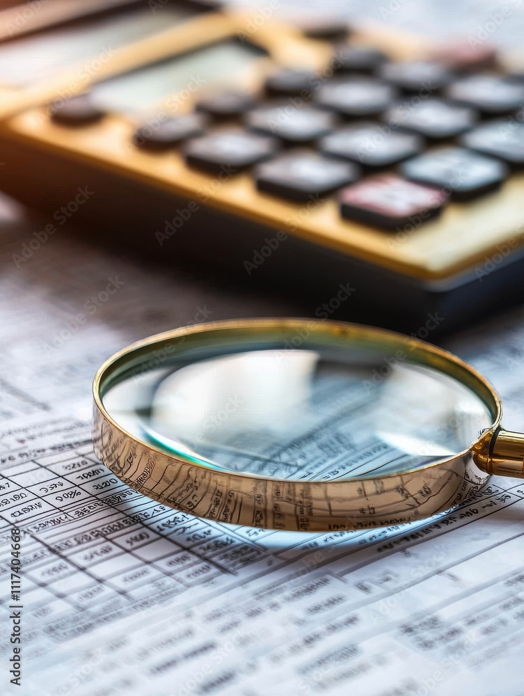 A magnifying glass rests on financial documents, with a calculator in the background, symbolizing analysis and precision in financial matters. A magnifying glass rests on financial documents, with a calculator in the background, symbolizing analysis and precision in financial matters.